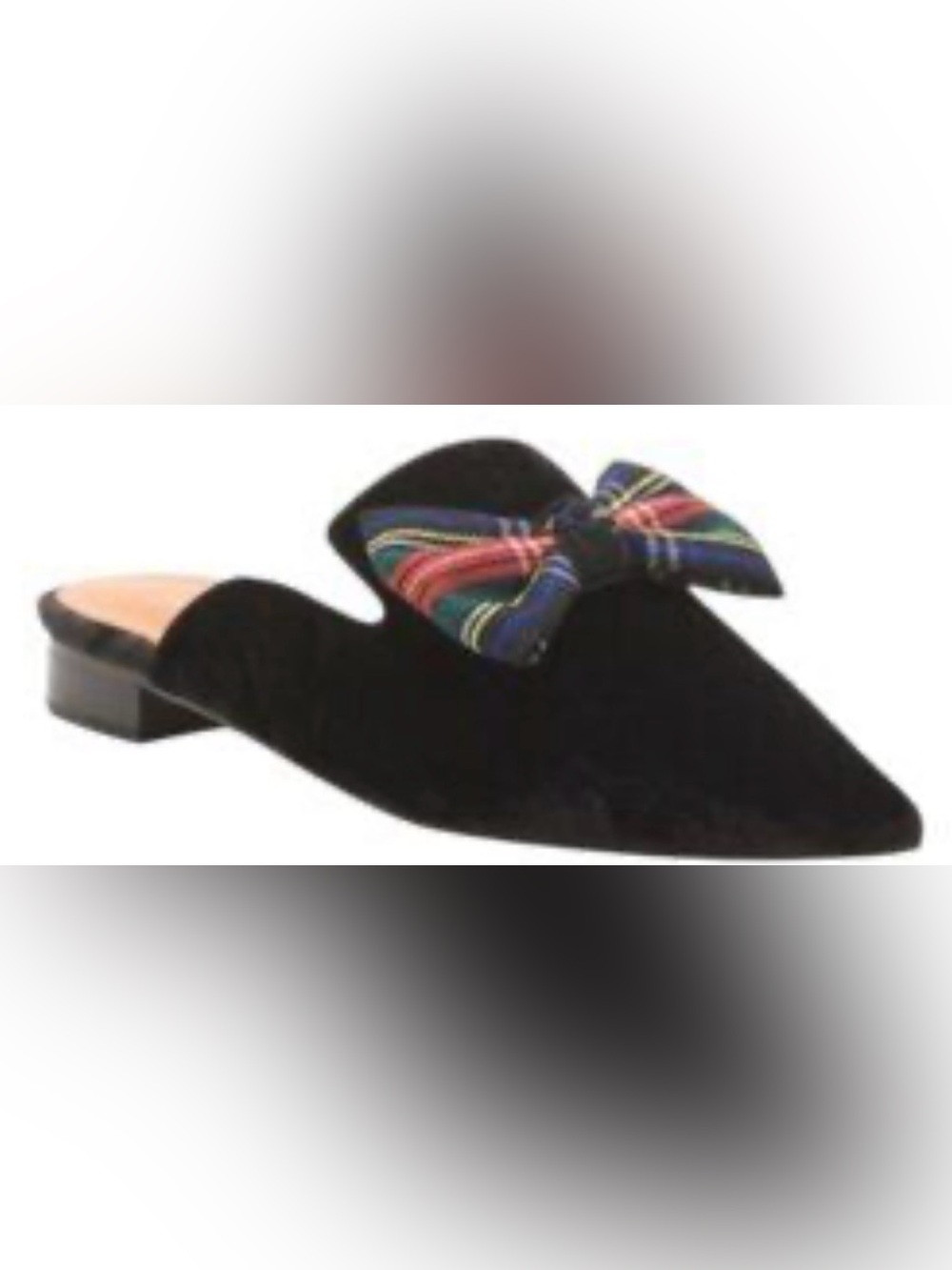 INTENTIONALLY BLANK Black Velvet Pointed Mule with Multicolor Plaid Bow, Sz 7